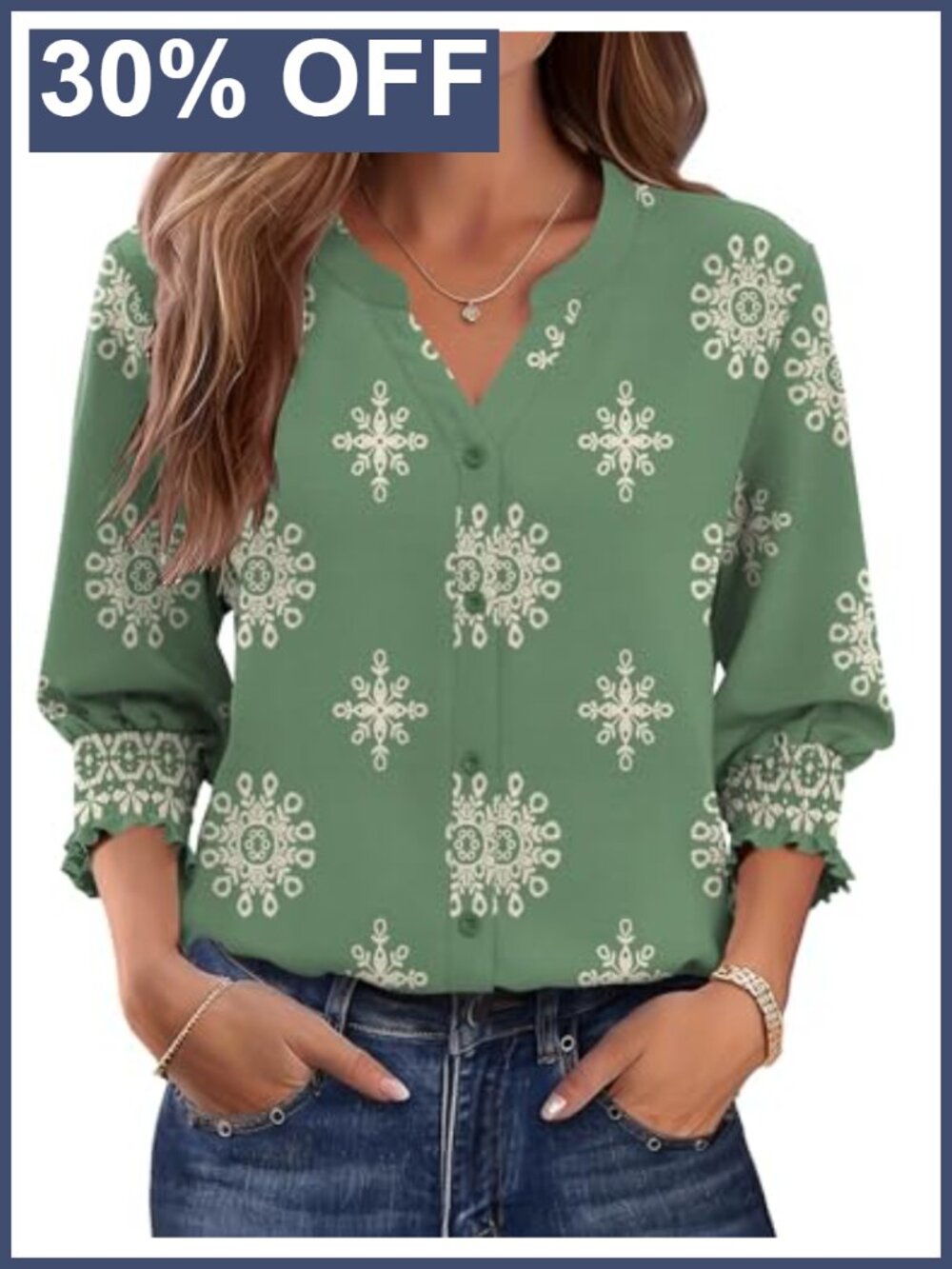 Womens Smocked 3/4 Sleeve Button Down Blouse V-Neck Business Casual Top